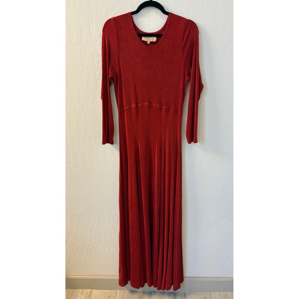 Vintage‎ Double D Ranch Wear Red Maxi Dress Long Sleeve Acetate Spandex Sz M